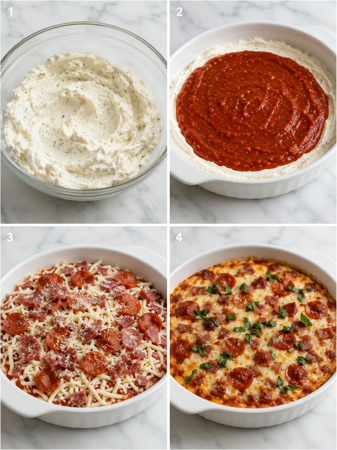 Four steps for making cheesy pizza dip from mixing to baking