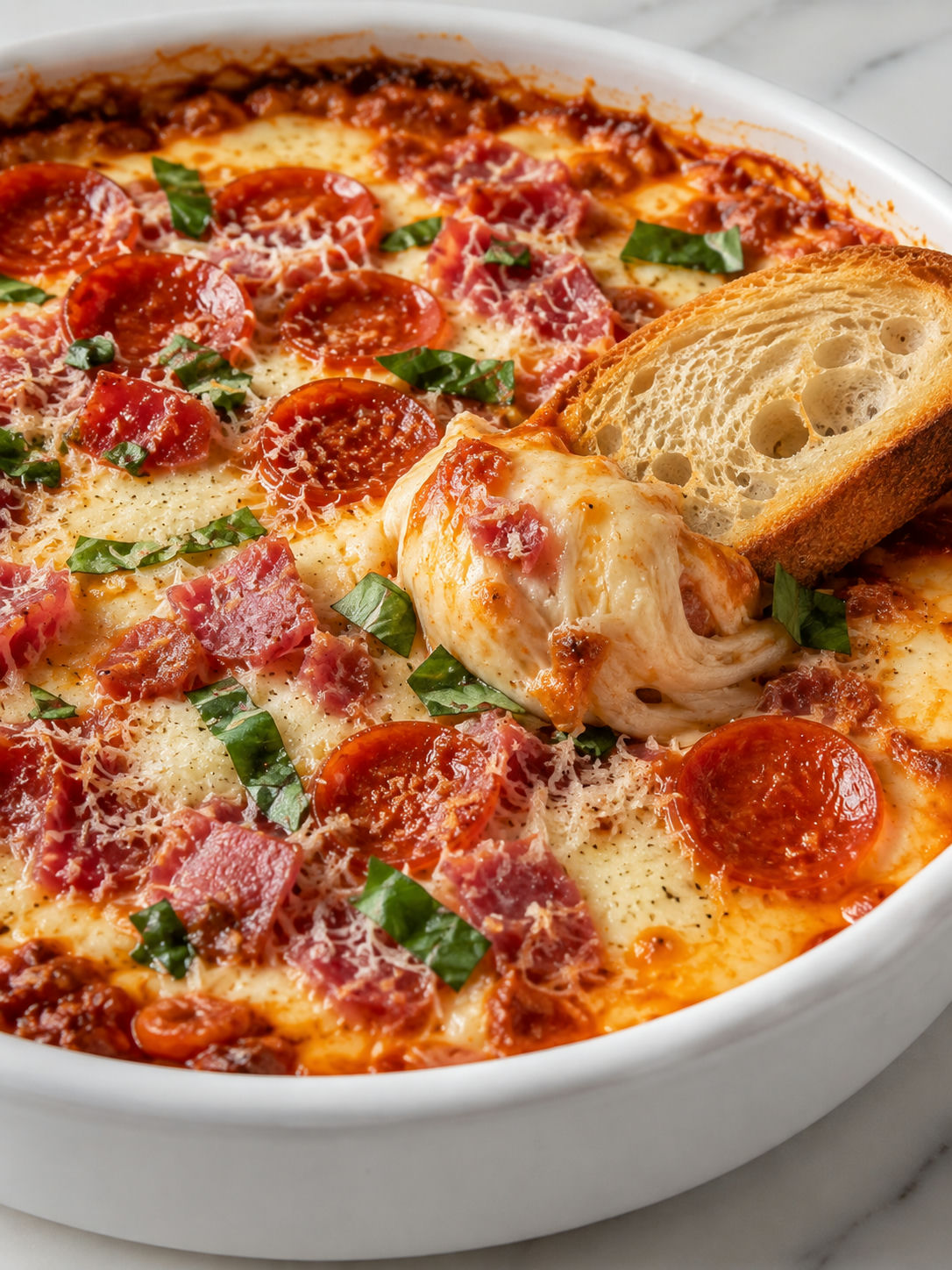 Hot cheesy pizza dip with pepperoni, salami, basil, and toasted bread
