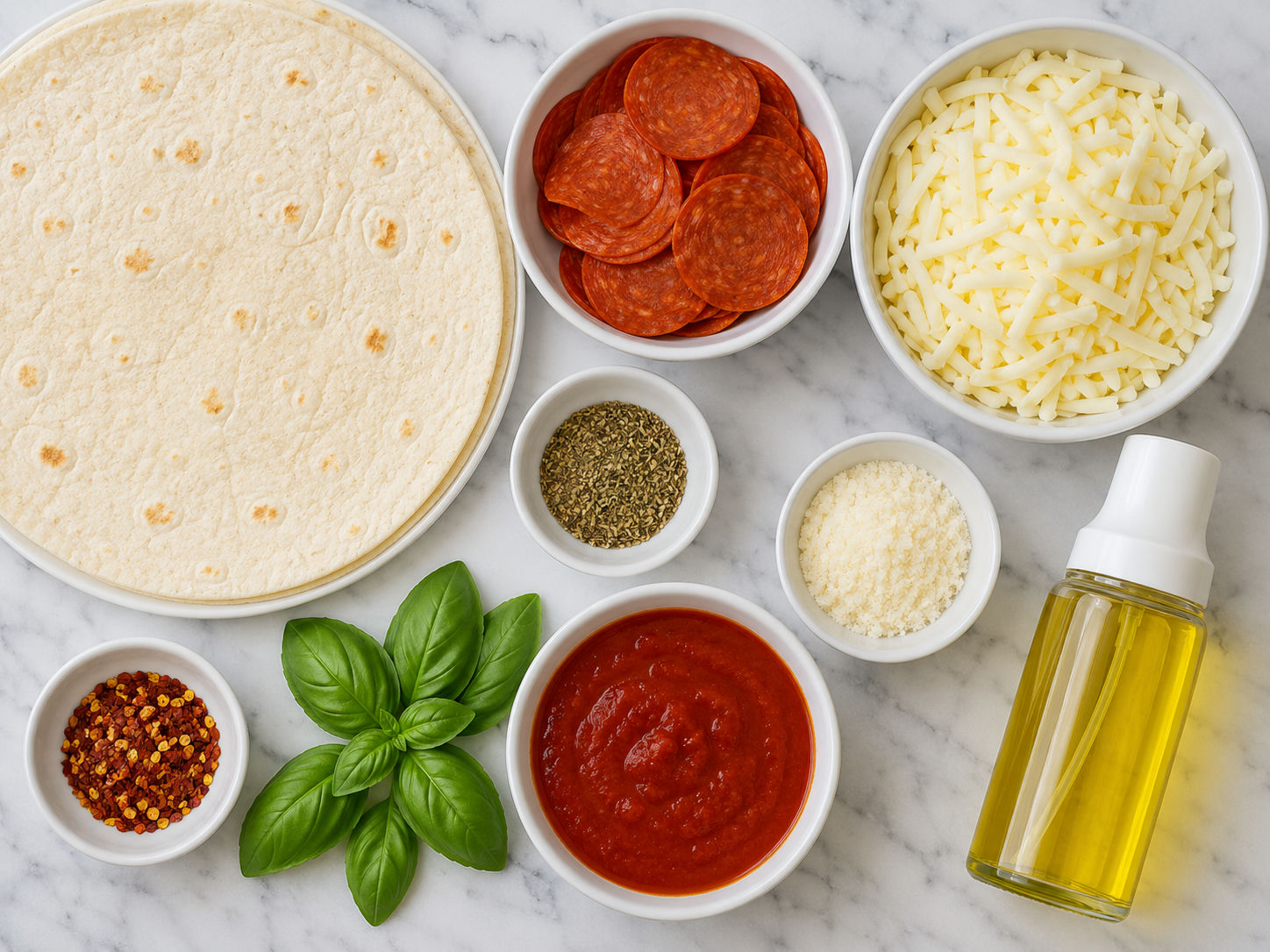 Ingredients for a pepperoni pizza quesadilla with mozzarella and sauce