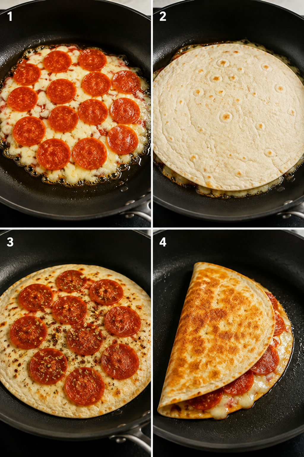 Four skillet steps for making a crispy pepperoni pizza quesadilla