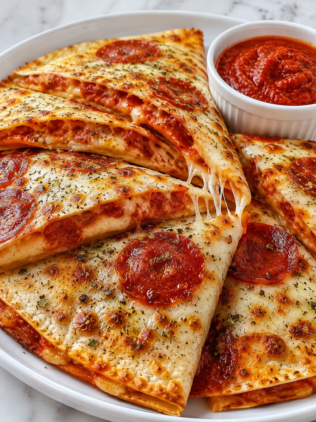 Golden pizza quesadilla wedges with melted mozzarella and pepperoni