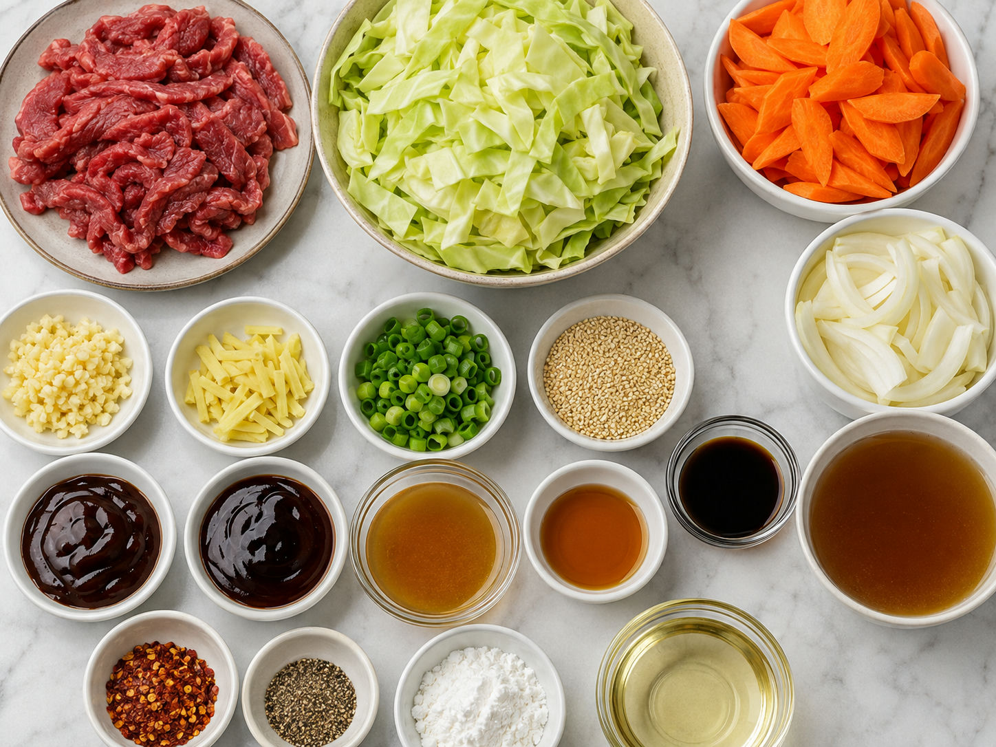 Raw beef, cabbage, carrots, aromatics, and stir-fry sauces on a counter