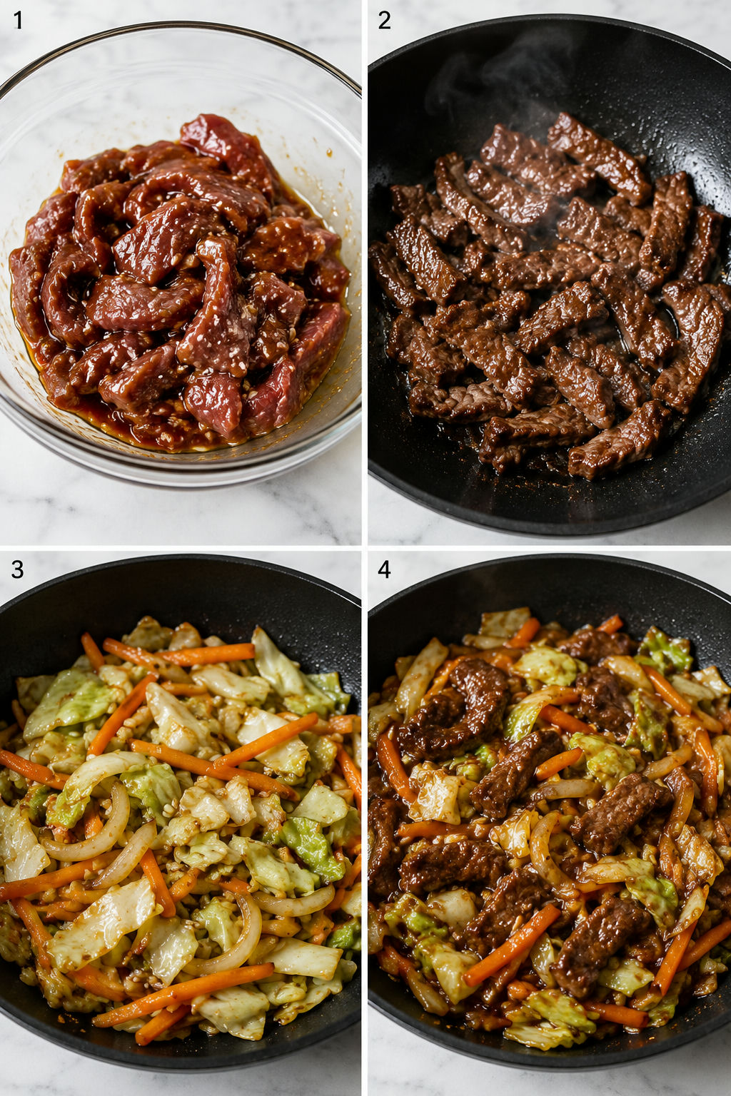 Four cooking steps for beef cabbage stir-fry in a wok
