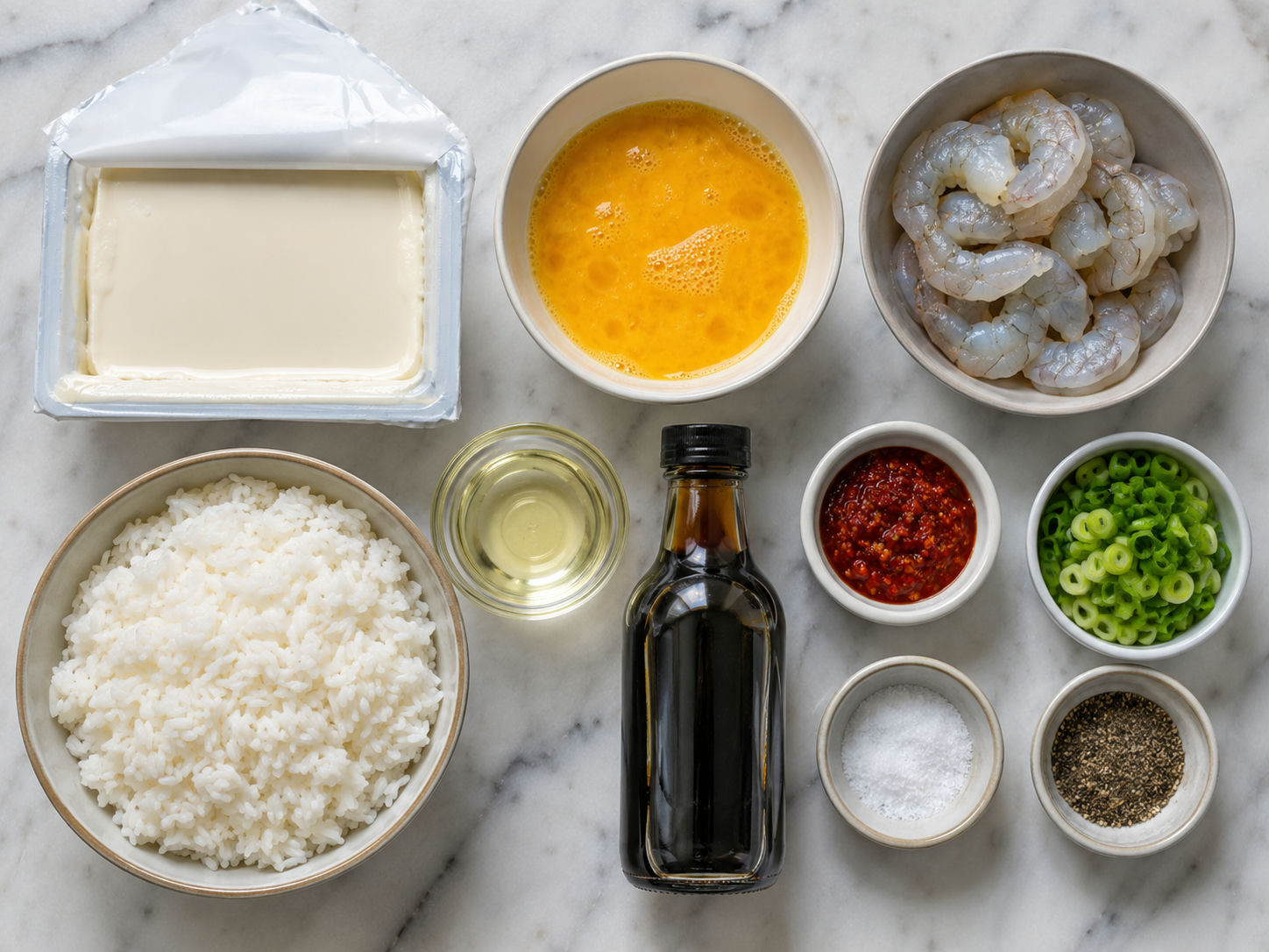 Ingredients for silken tofu eggs and shrimp with chili sauce and rice