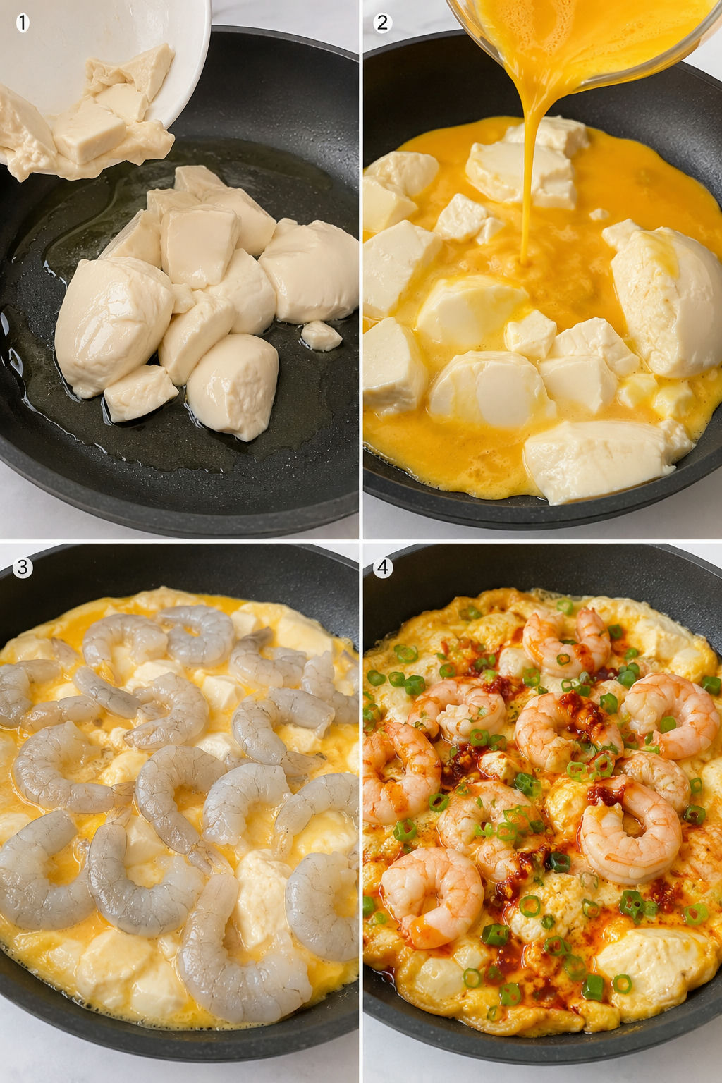 Four cooking steps for tofu eggs and shrimp in a skillet