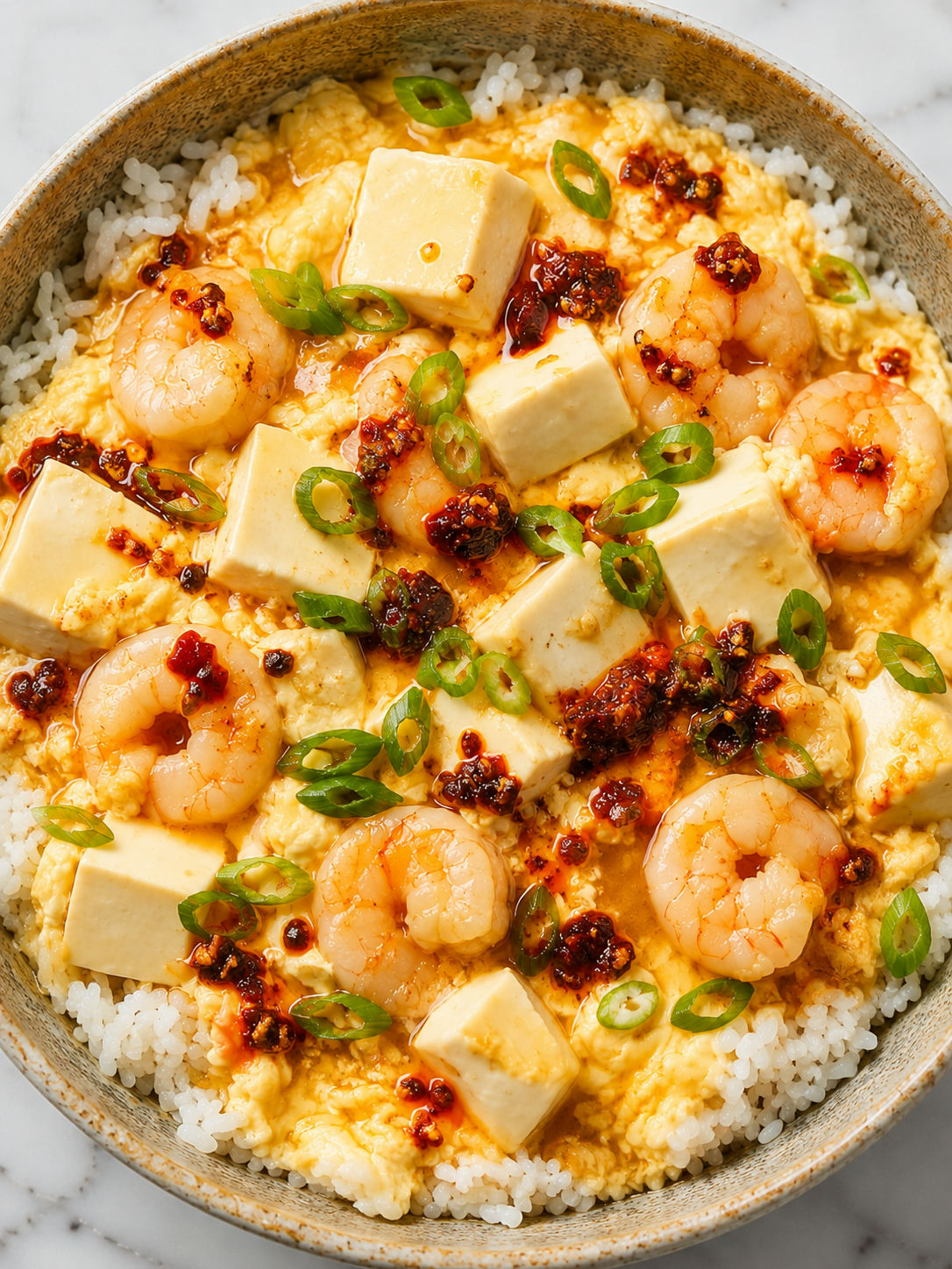 Bowl of rice topped with silken tofu eggs shrimp chili sauce and scallions