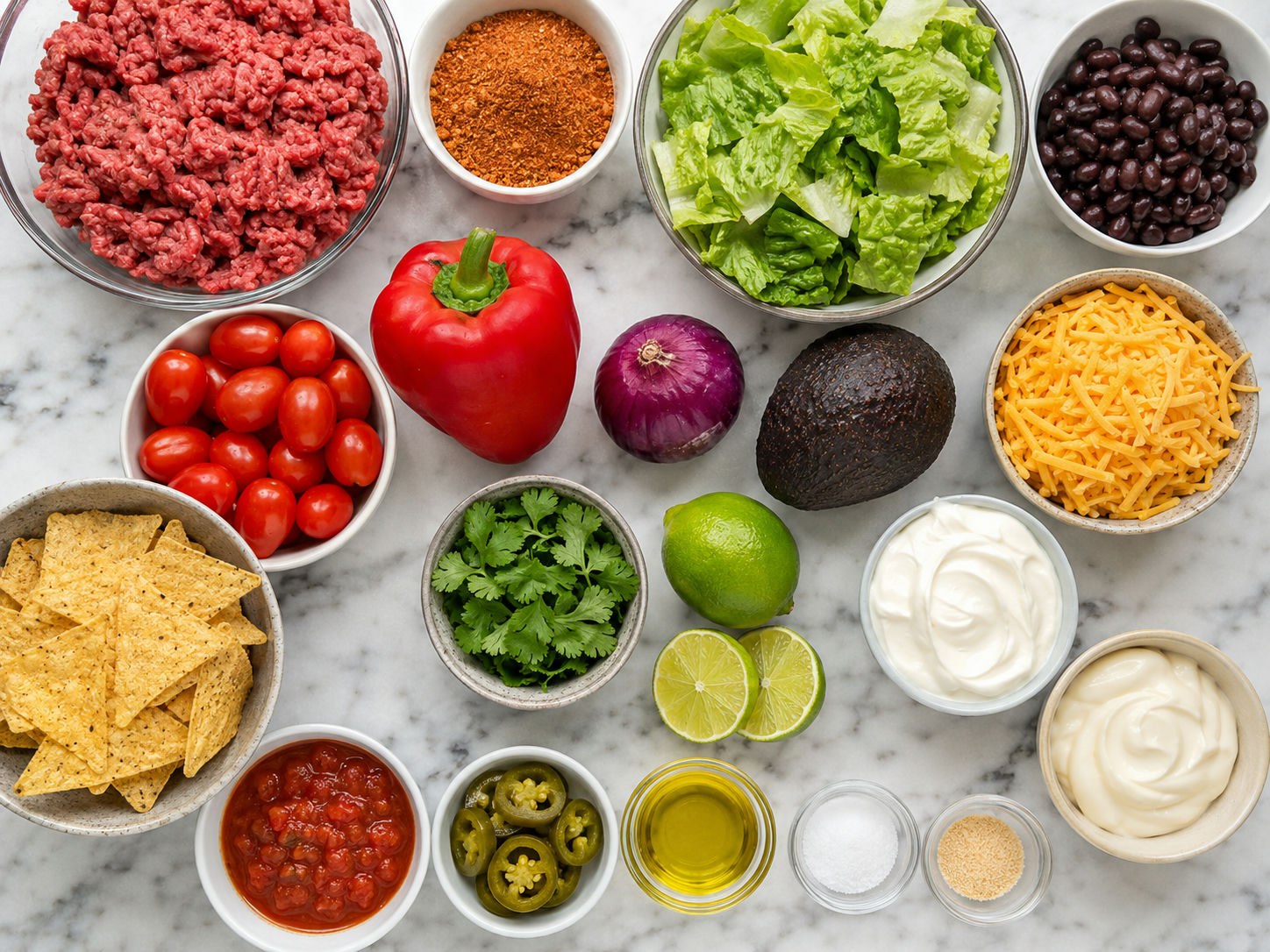 Ingredients for taco salad bowl with beef, lettuce, beans, avocado, and chips