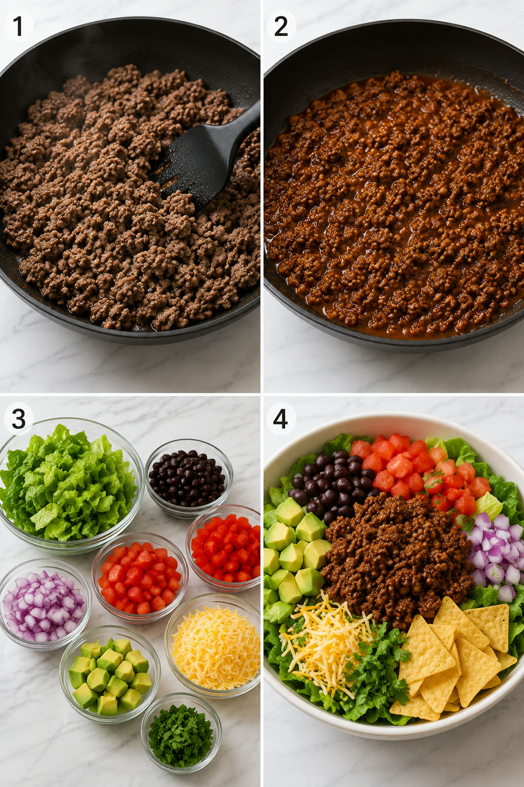Four steps for making taco salad bowls with beef and fresh toppings