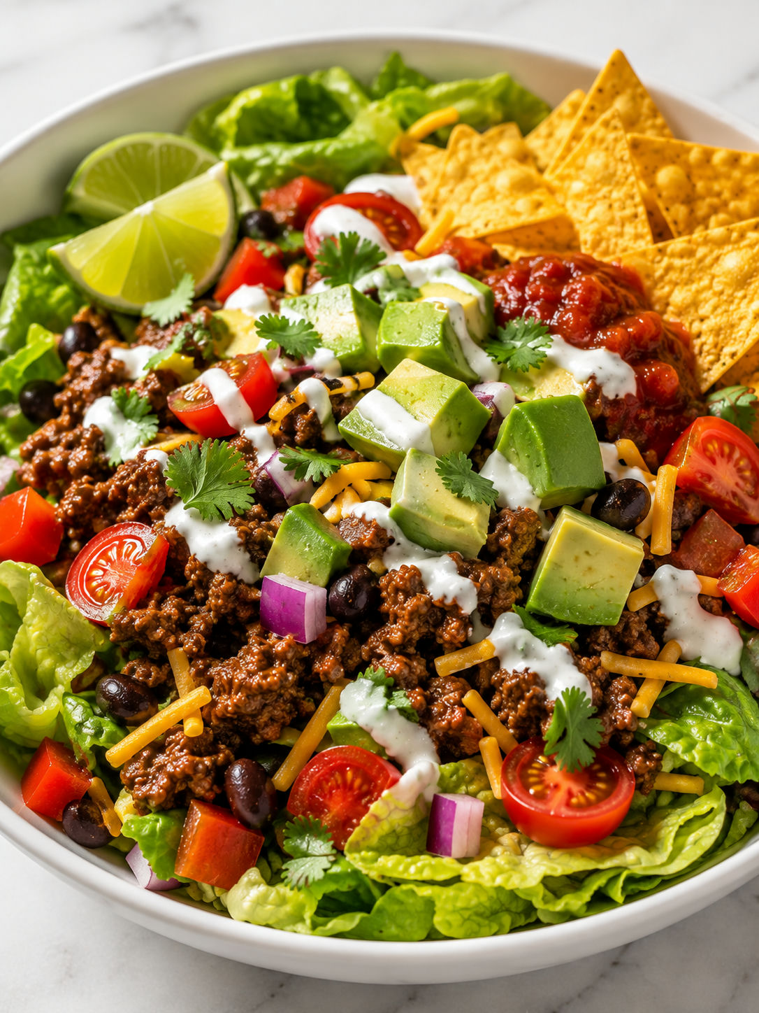 Taco salad bowl with glossy beef, avocado, tomatoes, chips, and lime crema