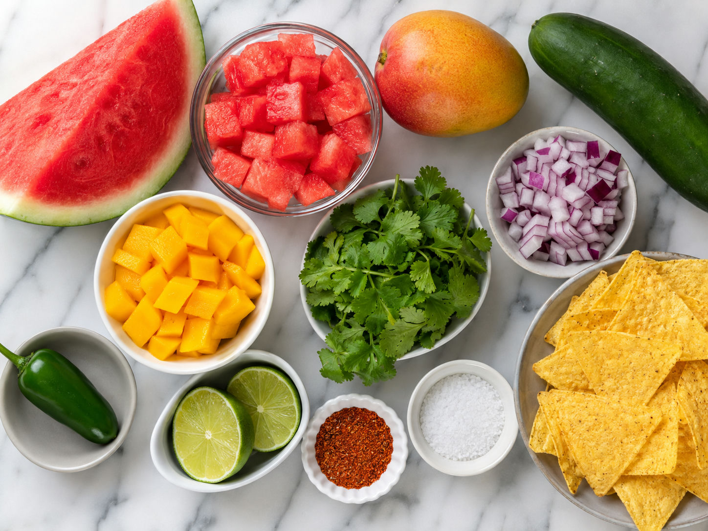 Raw watermelon mango salsa ingredients with lime, jalapeno, cilantro, and chips