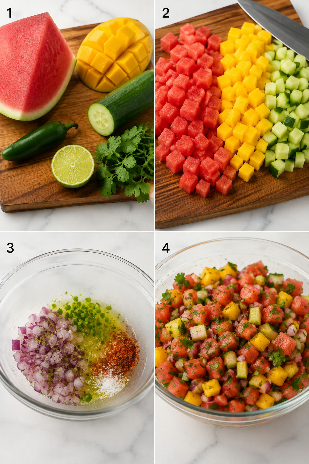 Four steps for making watermelon mango salsa from chopping to mixing