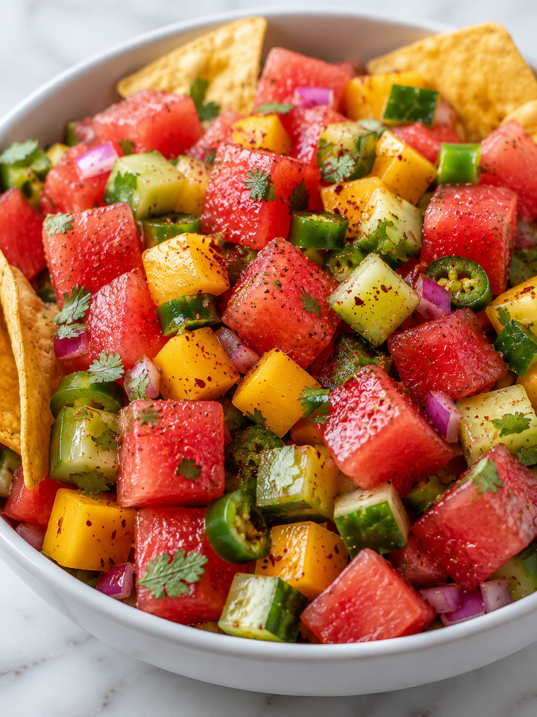 Juicy watermelon mango salsa with chili-lime seasoning and tortilla chips