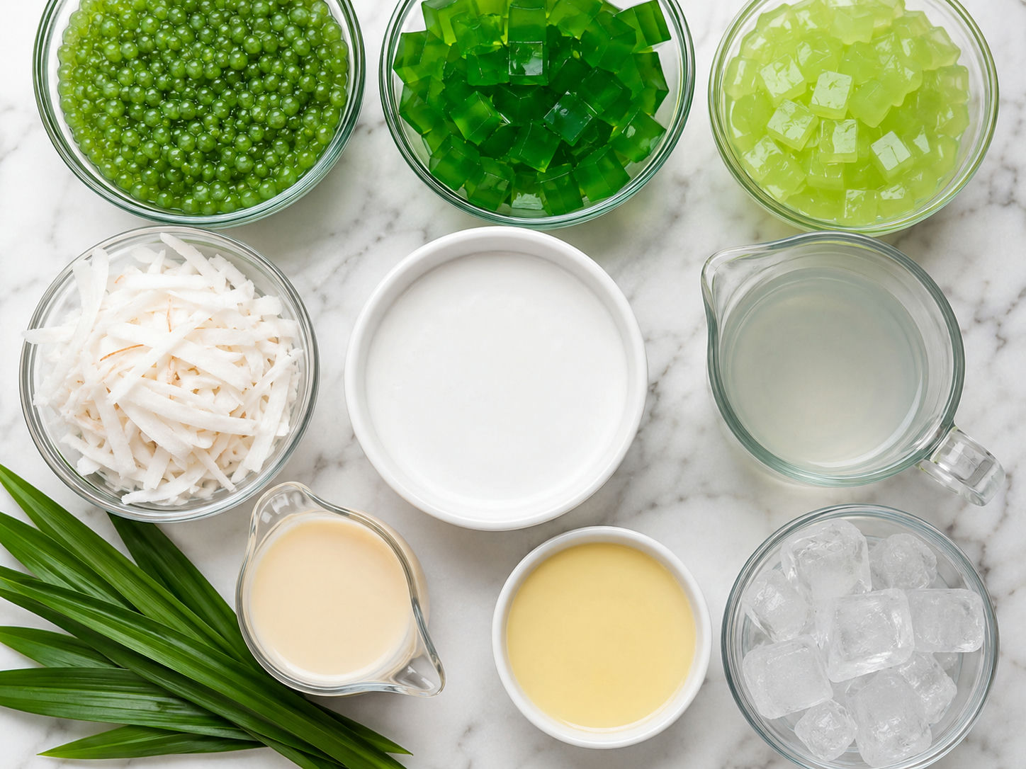 Ingredients for green sago drink with coconut milk, pandan jelly, and sago