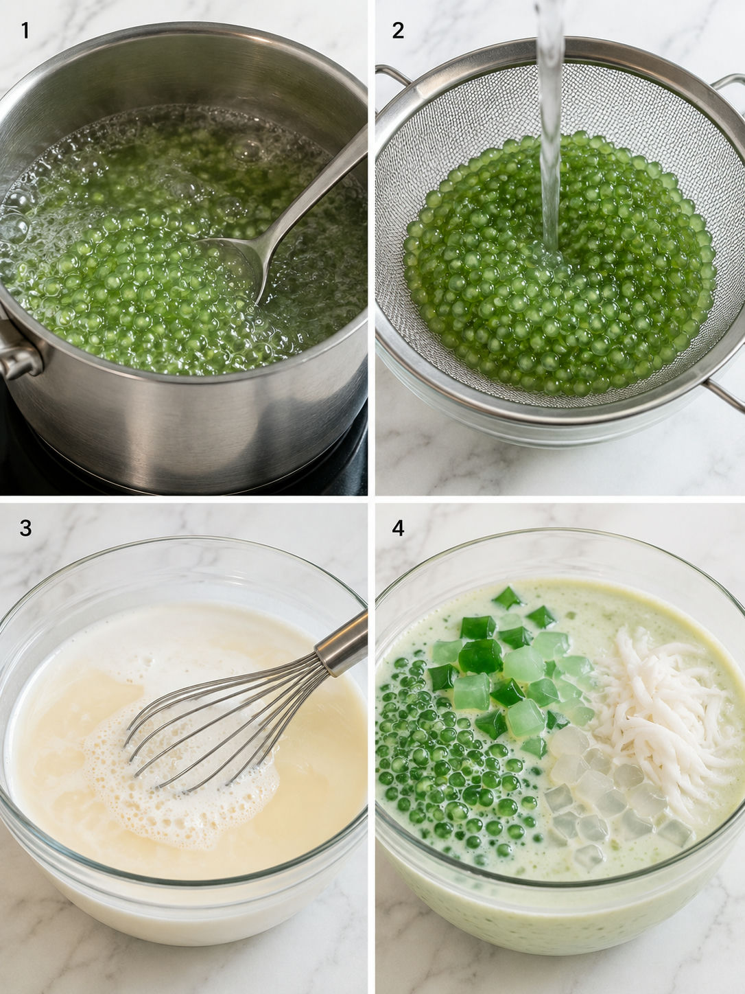 Four steps for making green sago drink with coconut milk and pandan jelly
