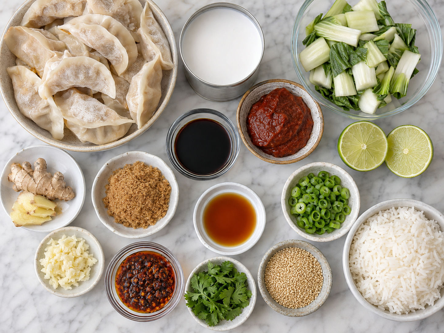 Ingredients for red curry dumplings with coconut milk and bok choy