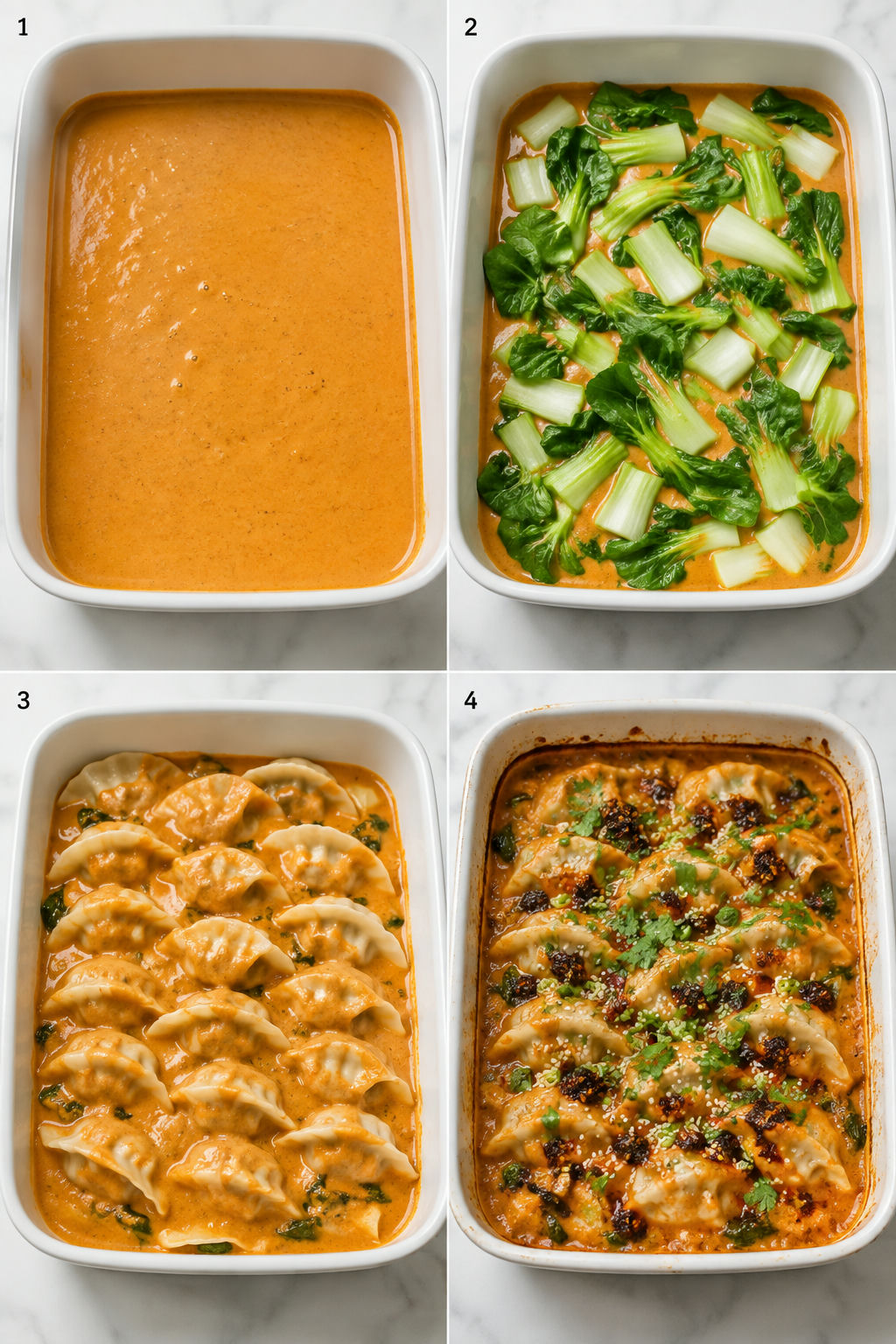 Four steps for making red curry dumplings in one baking dish
