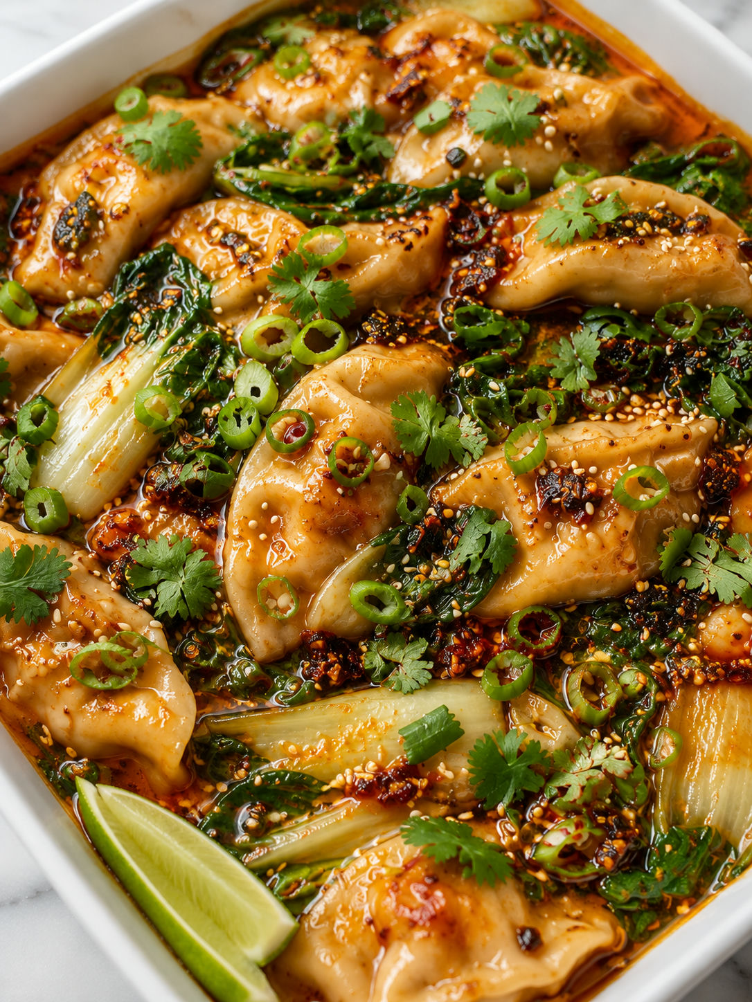 One-pan red curry dumplings with chili crisp and green onions