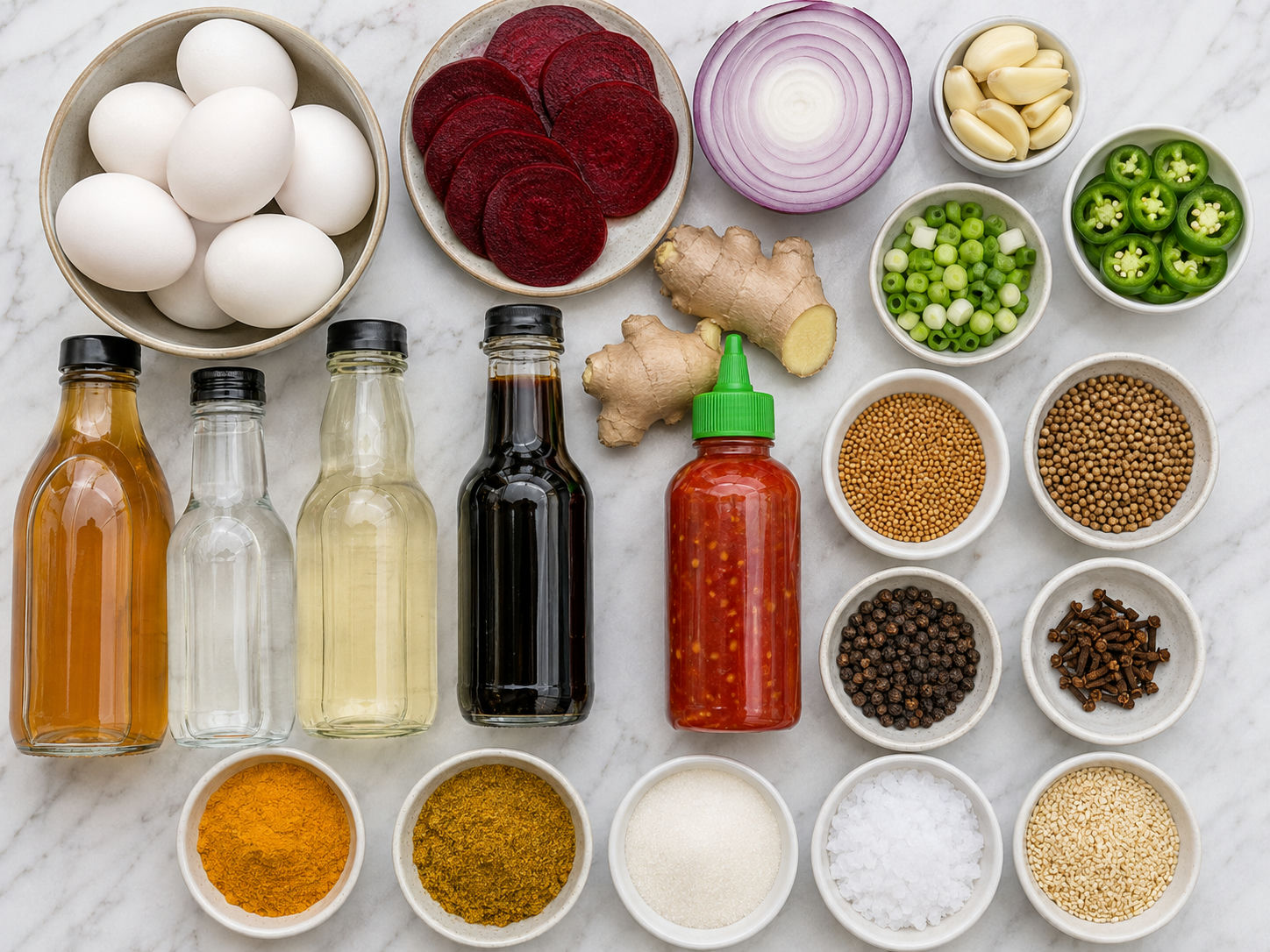 Ingredients for five-flavor pickled eggs with eggs, vinegar, spices, and vegetables