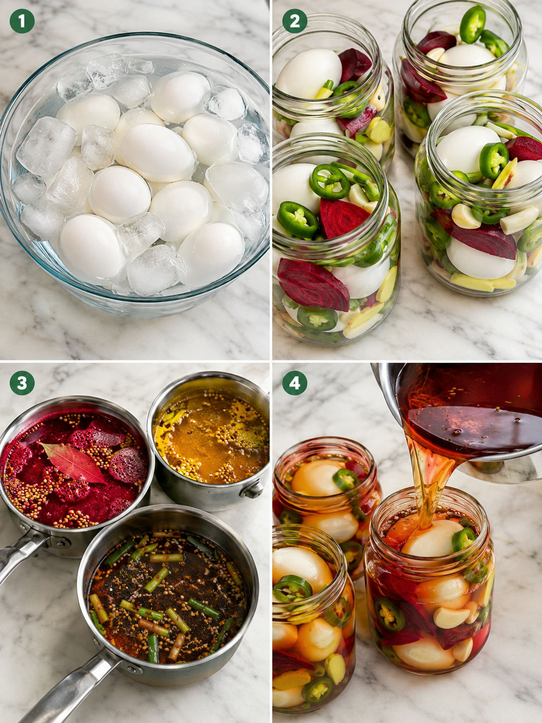 Four steps for making colorful refrigerator pickled eggs in glass jars