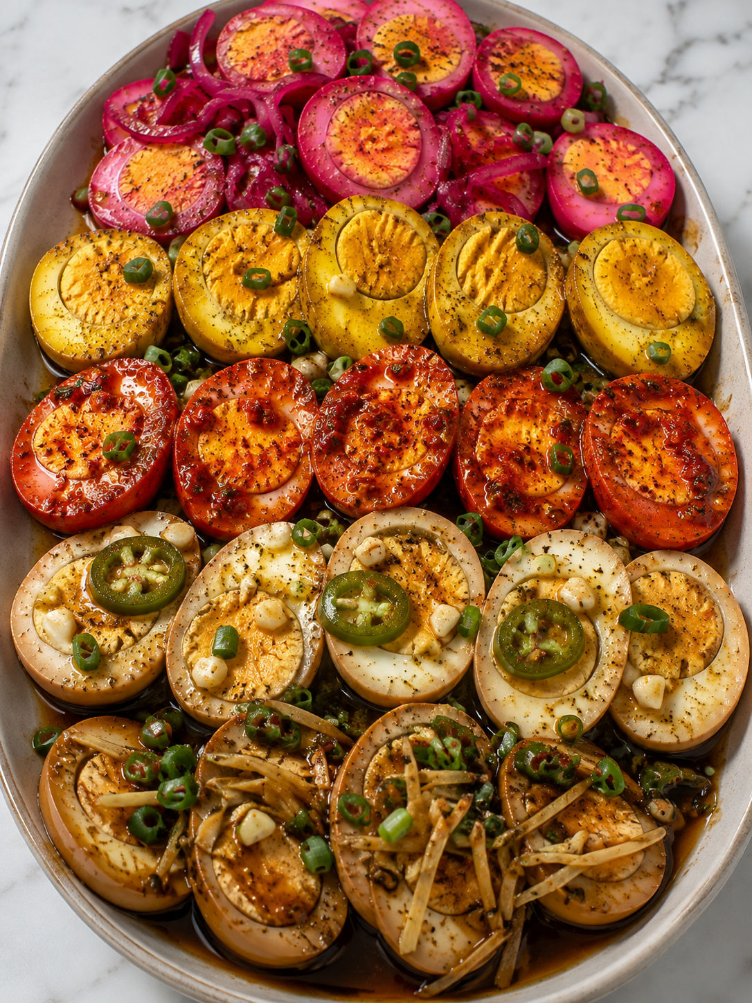 Tightly framed platter of colorful pickled eggs with herbs and pickled onions