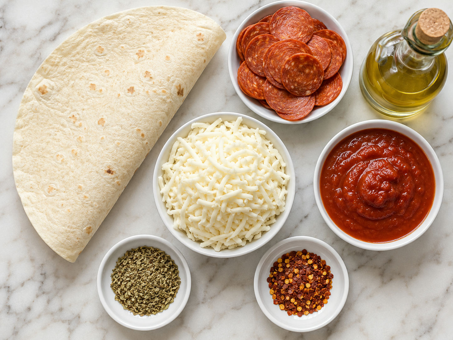 Pizza quesadilla ingredients with tortilla, pepperoni, mozzarella, and sauce