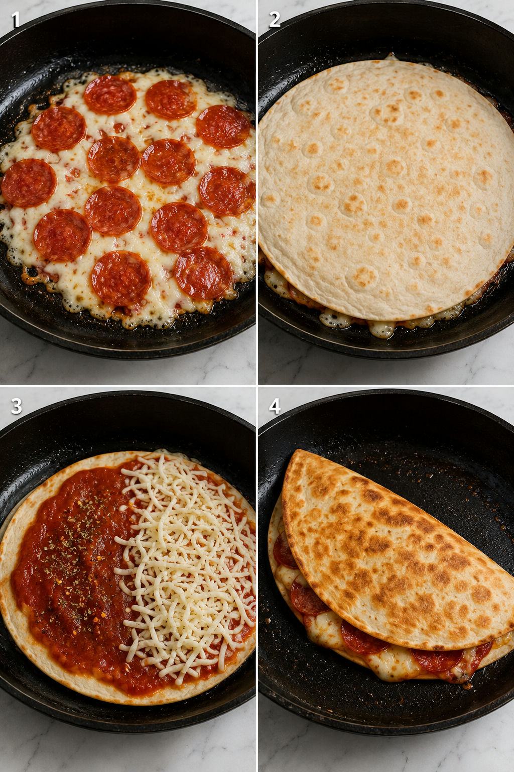 Four cooking steps for a pizza quesadilla in a skillet
