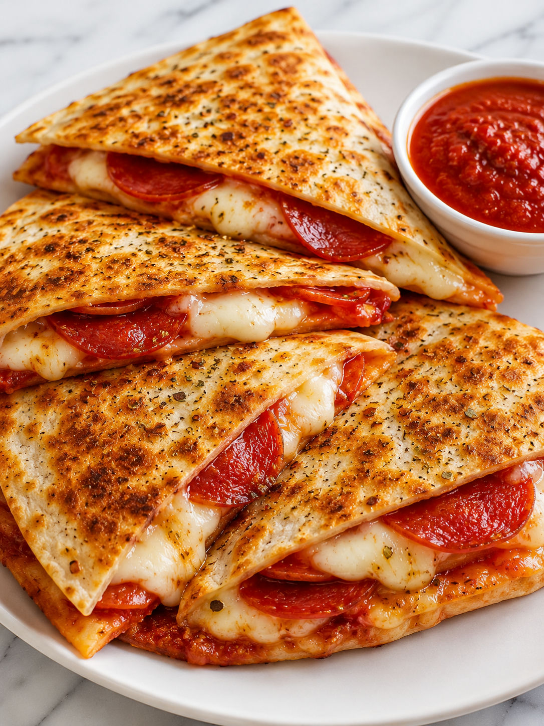 Golden pizza quesadilla wedges with melted mozzarella and pepperoni