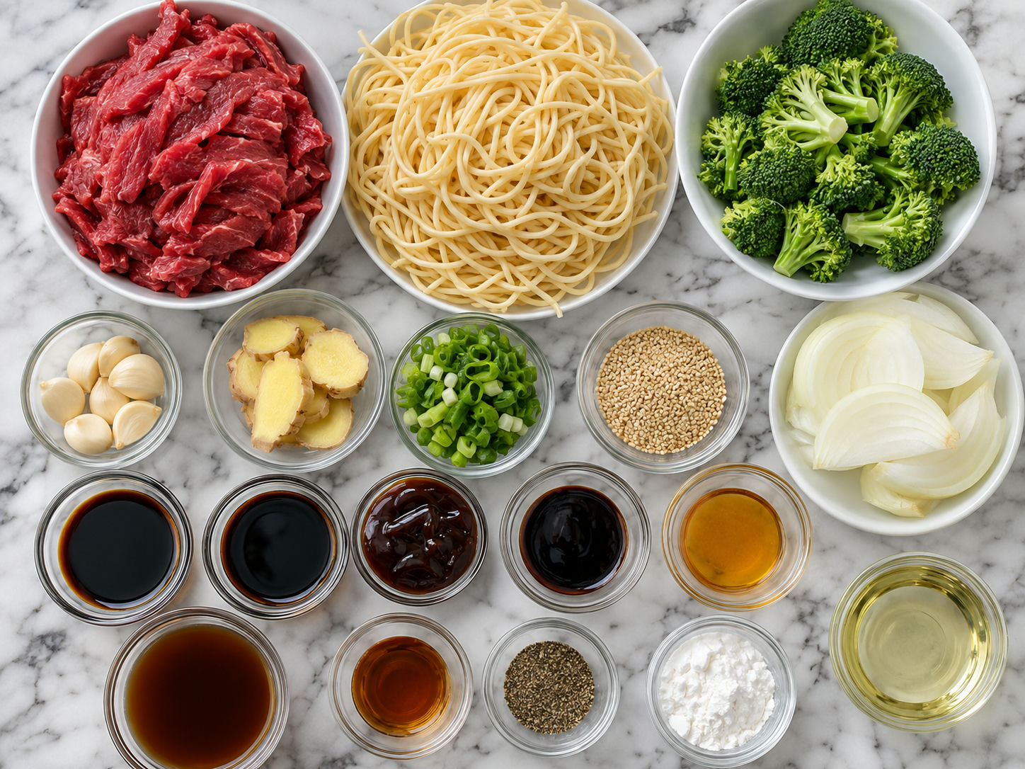 Ingredients for beef broccoli noodles with sauces, beef, broccoli, and noodles