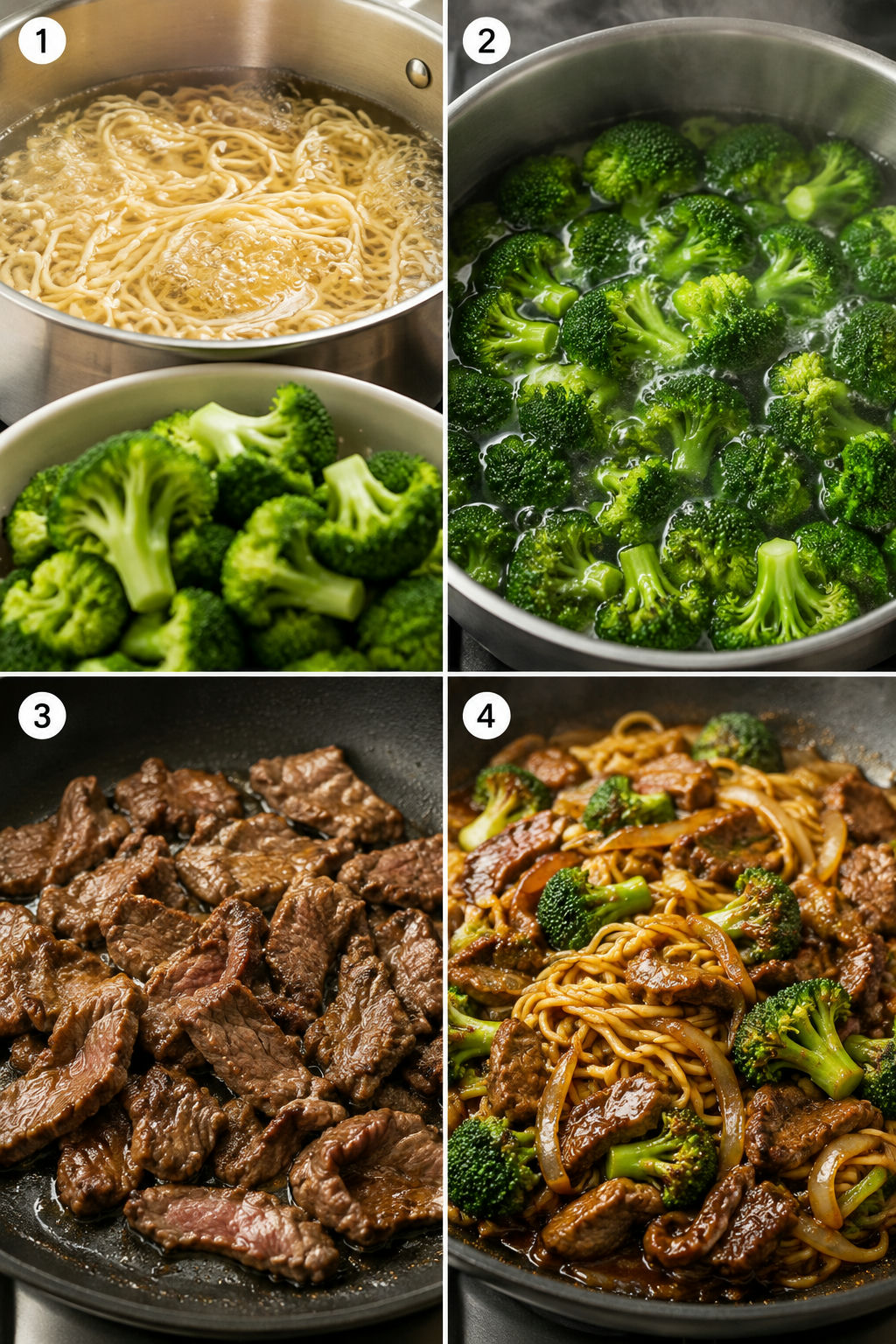 Four cooking steps for beef broccoli noodles from boiling to tossing