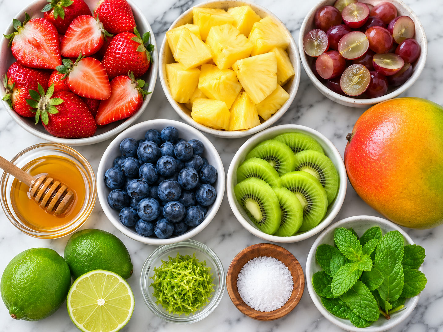 Fresh fruit salad ingredients with honey, lime, and mint on marble