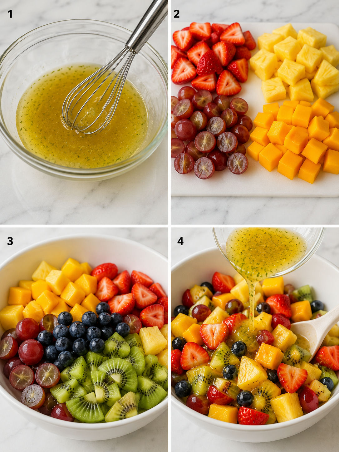 Four steps for mixing fruit salad with honey-lime dressing