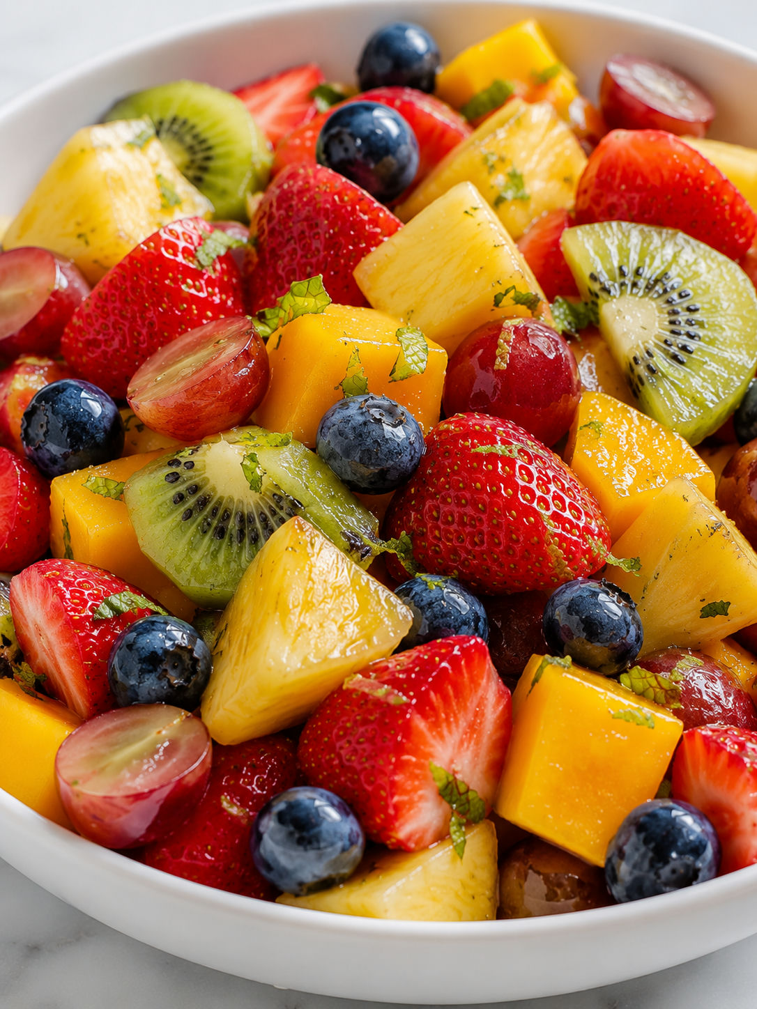 Glossy mixed fruit salad with honey-lime dressing in a white bowl