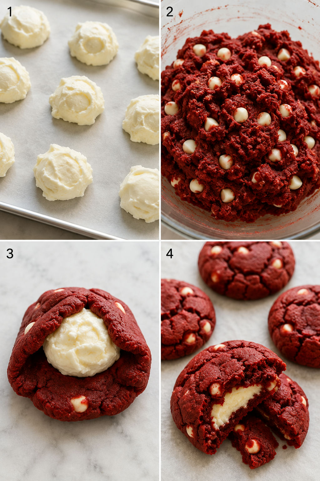 Four steps for making red velvet cream cheese stuffed cookies