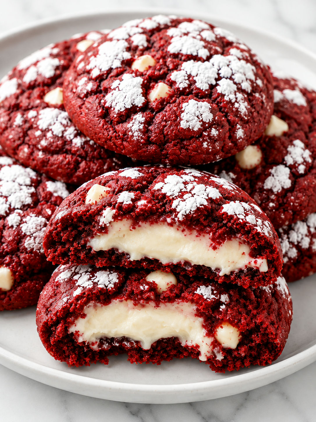 Red velvet cookies filled with creamy cheesecake on a pale plate