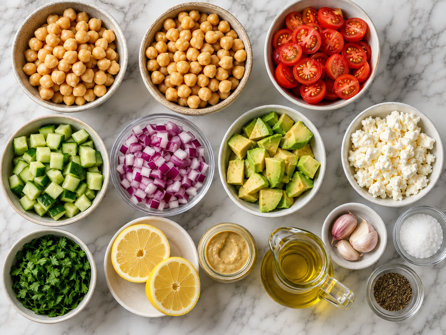 Ingredients for chickpea salad with lemon dressing on a wooden counter