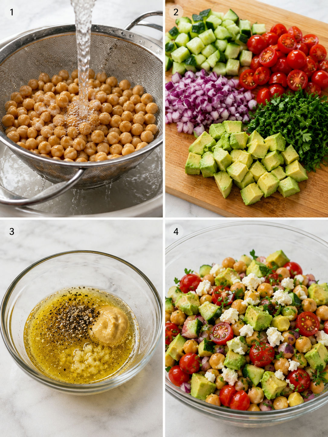 Four steps for making chickpea salad with lemon dressing