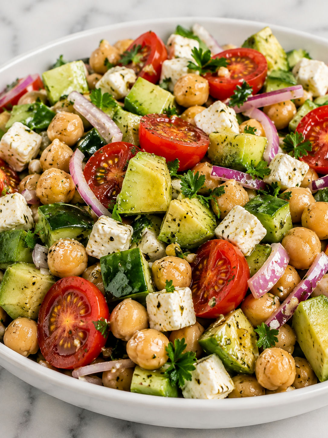 Fresh chickpea salad with avocado, feta, cucumber, and cherry tomatoes