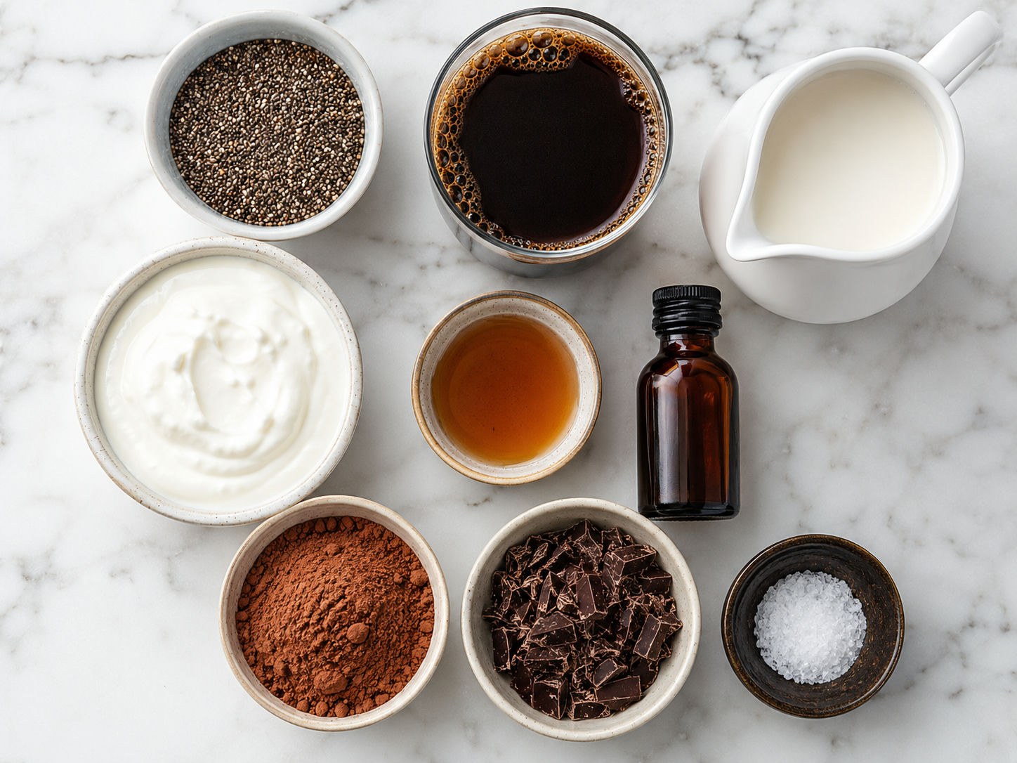 Ingredients for tiramisu chia pudding with coffee, yogurt, chia, and cocoa