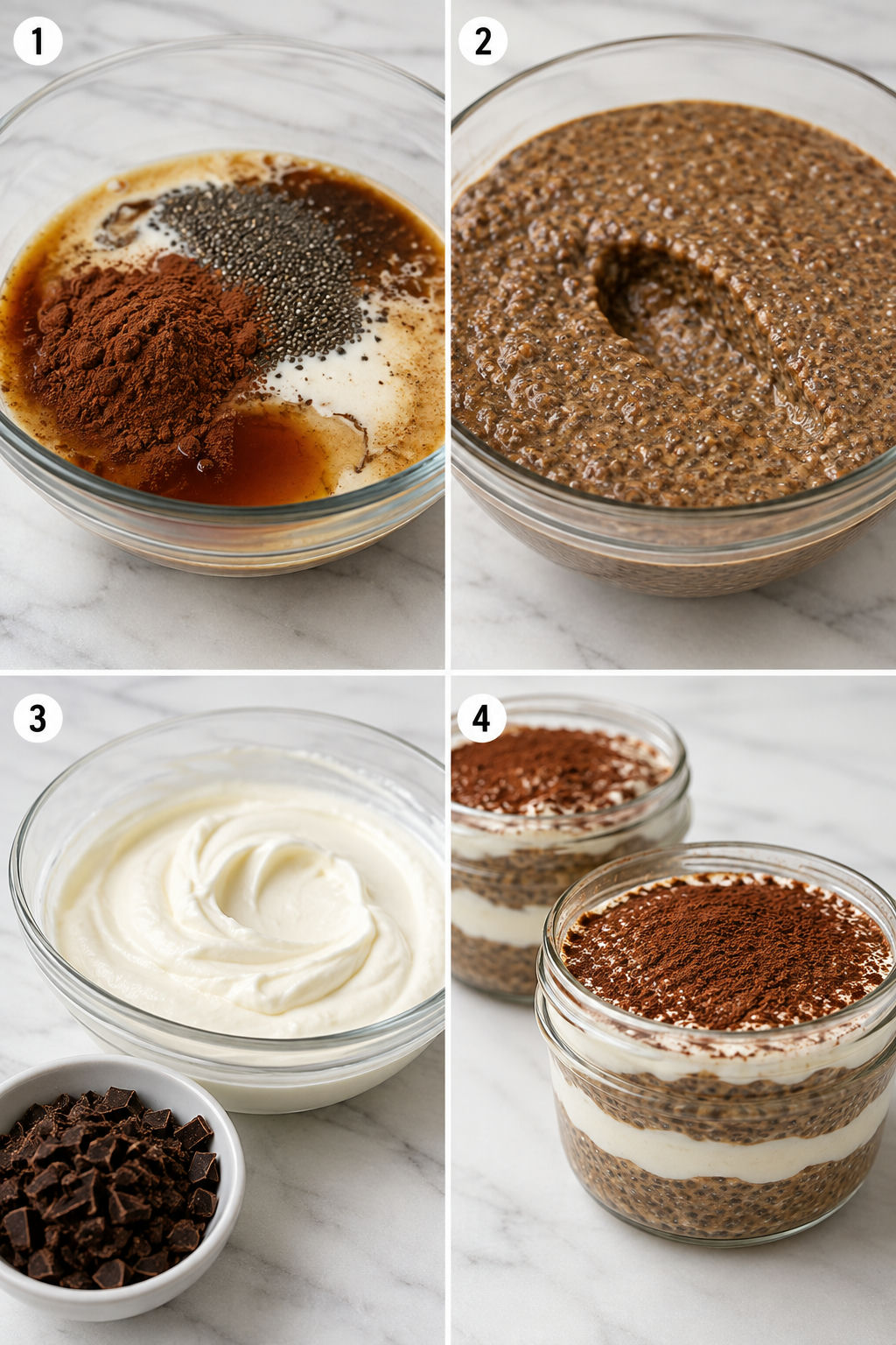 Steps for making tiramisu chia pudding from mixing to cocoa dusting