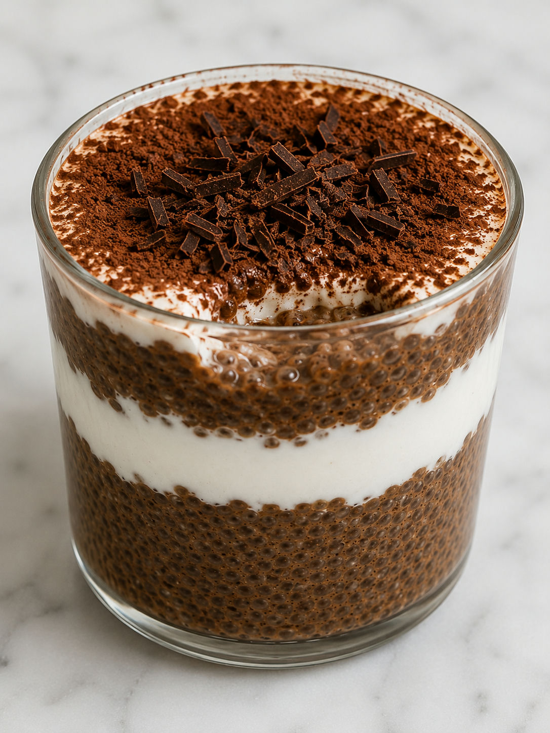 Layered tiramisu chia pudding with cocoa, yogurt cream, and chocolate curls
