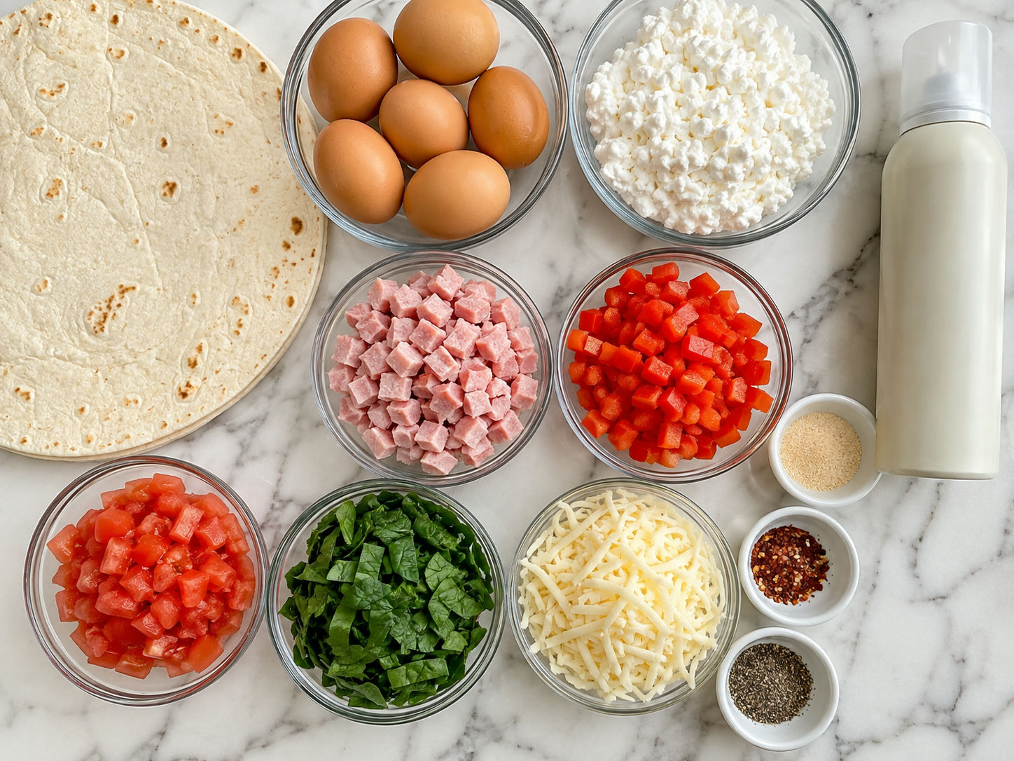 Ingredients for tortilla egg cottage cheese breakfast bake on a kitchen counter