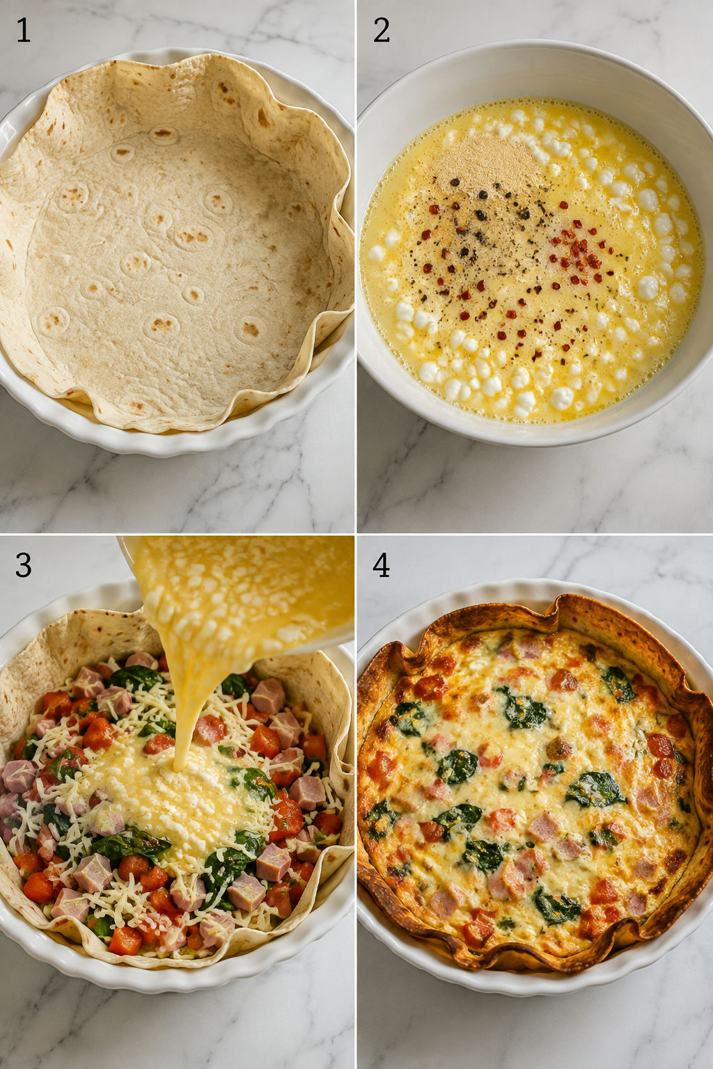 Four cooking steps for a tortilla egg cottage cheese breakfast bake