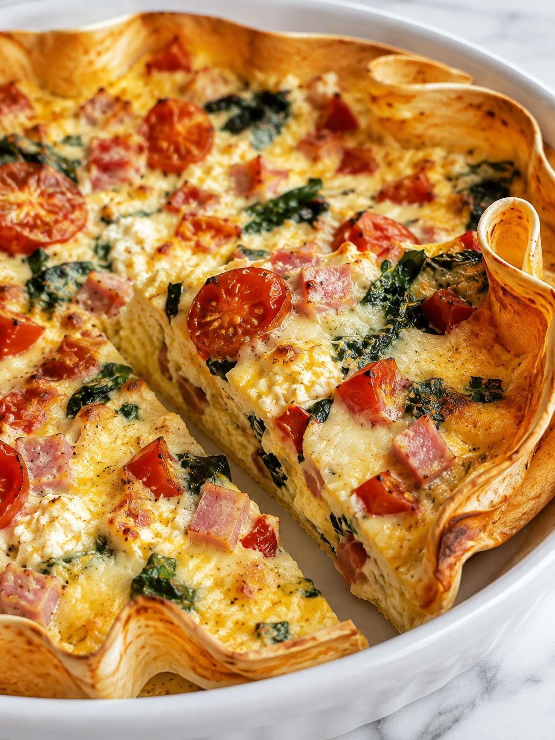 Slice of tortilla egg cottage cheese breakfast bake with ham and melted cheese