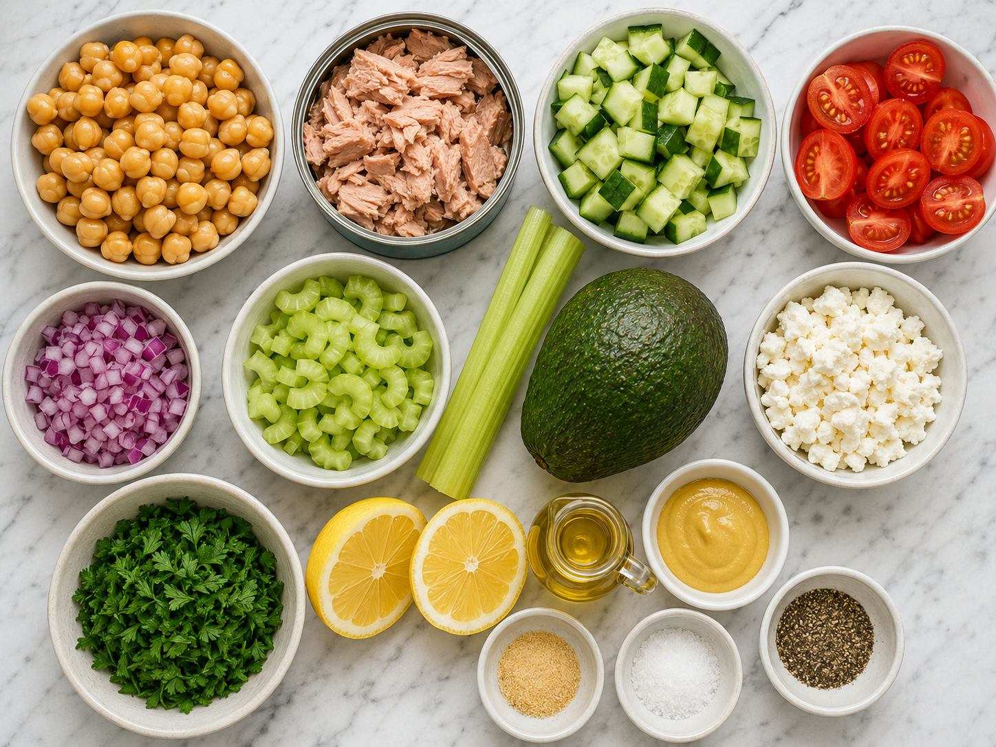 Ingredients for tuna chickpea feta salad arranged on a stone surface