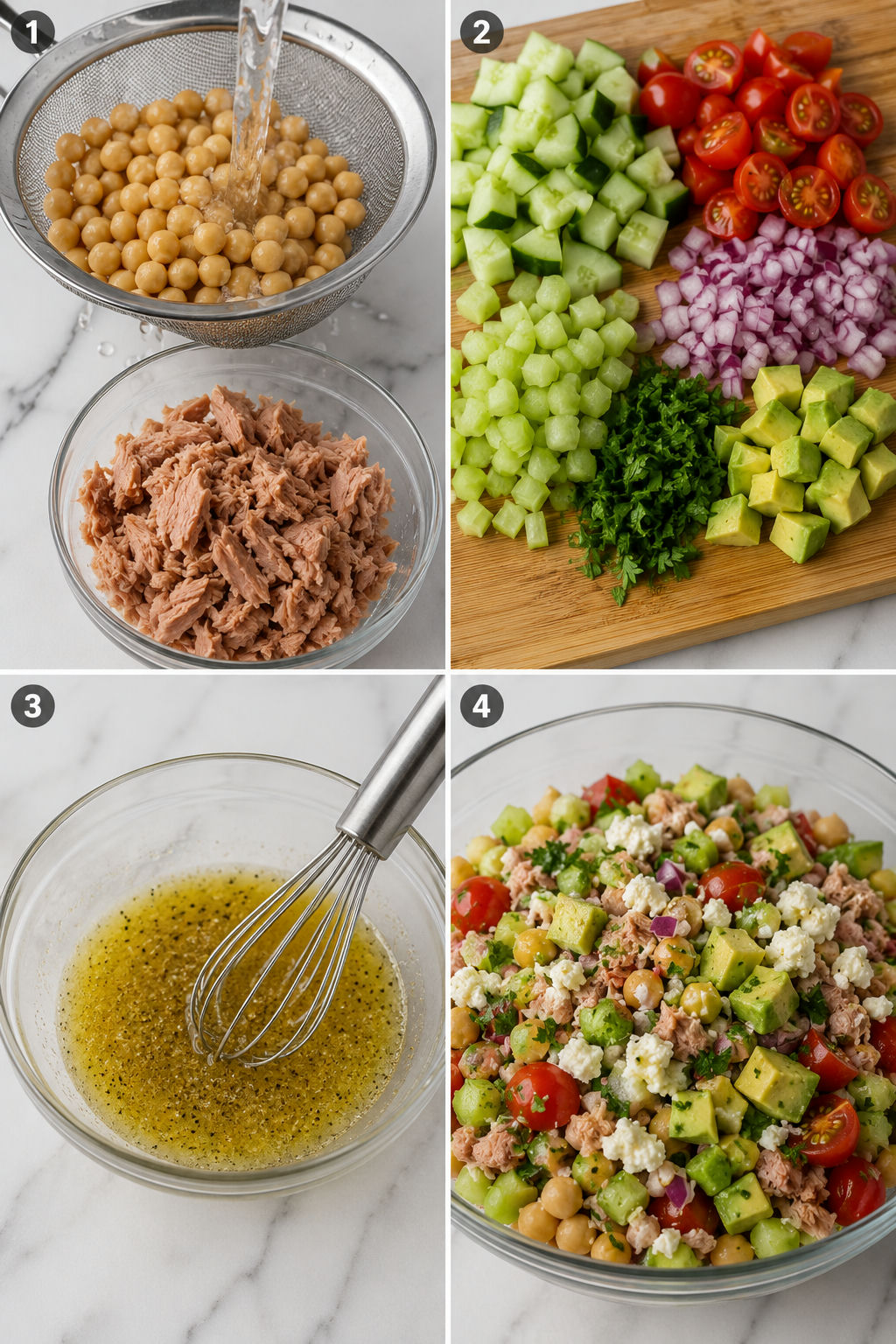 Four steps for making tuna chickpea feta salad from rinsing to tossing