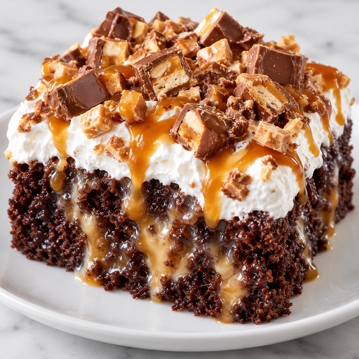 Chocolate caramel poke cake slice with whipped topping and candy pieces