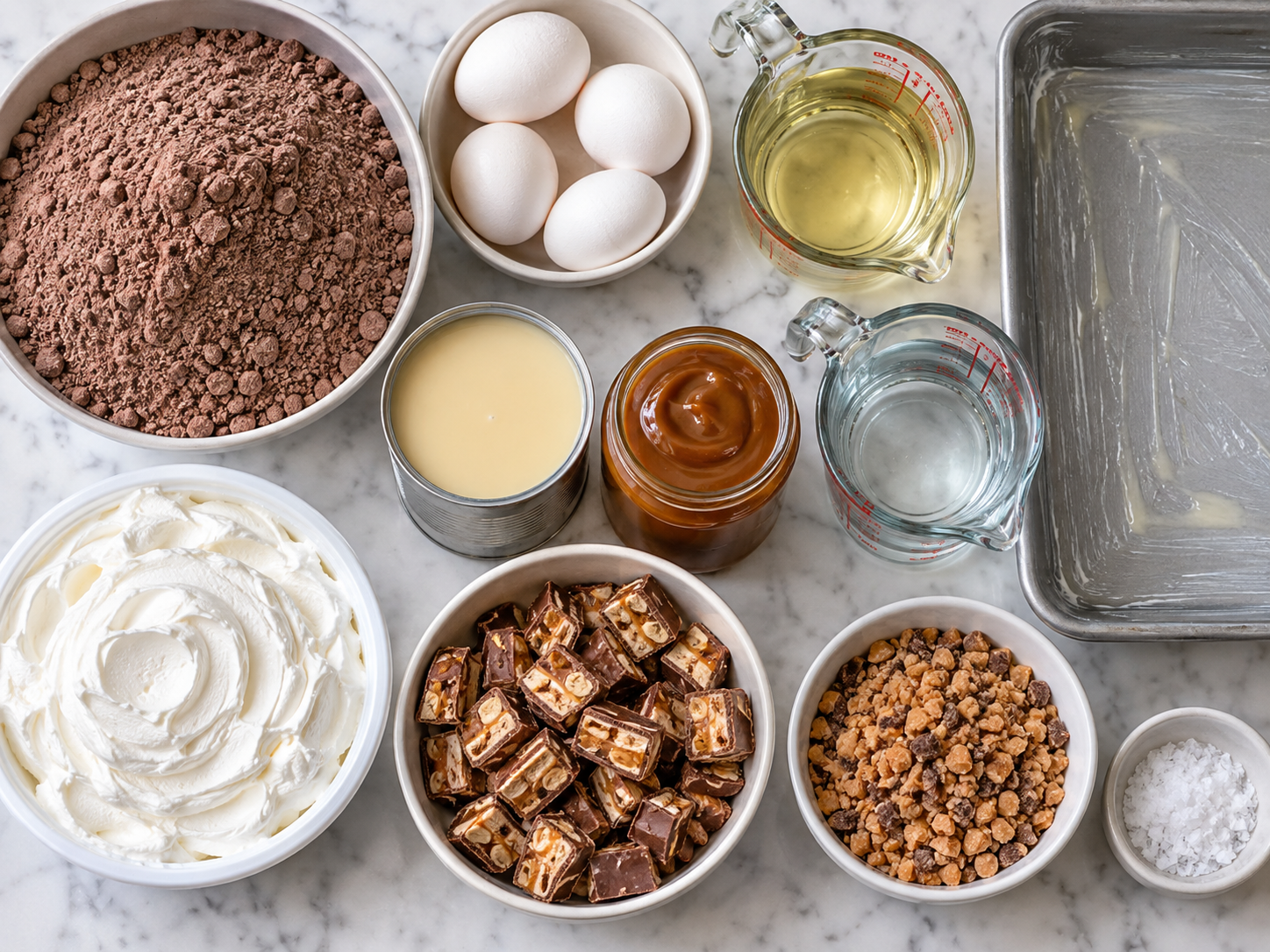 Ingredients for chocolate caramel poke cake with candy and whipped topping