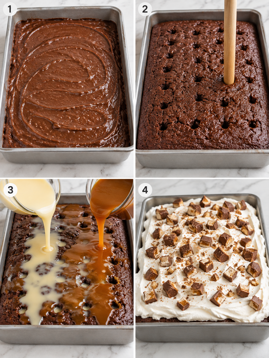 Four steps for making chocolate caramel poke cake
