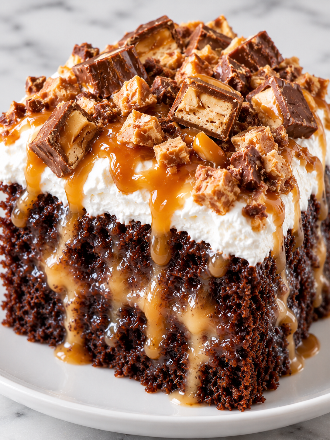 Chocolate caramel poke cake with whipped topping and chopped candy