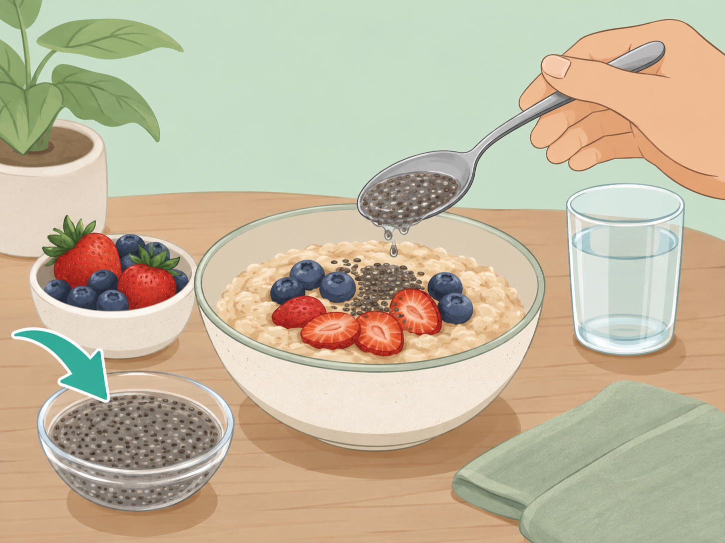 Illustration of chia seeds being added to a healthy breakfast bowl.